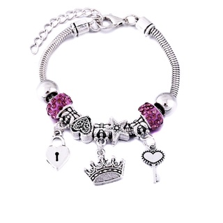 Pulseira Prateada Berloque Coroa Coracao Cadeado Chave S4573