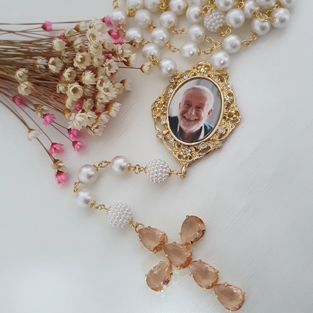 Terço Noiva Perola Personalizado Com Foto Folheado Ouro 18k