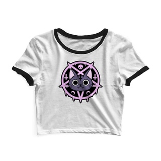 Cropped Hey Mina Manga Curta Feminino Gato Penta Branco/Preto