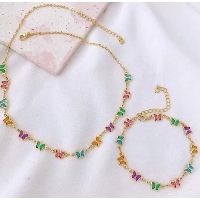 kit Colar e Pulseira Borboleta Colorida Banhado A Ouro 18k Antialérgico