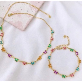 kit Colar e Pulseira Borboleta Colorida Banhado A Ouro 18k Antialérgico