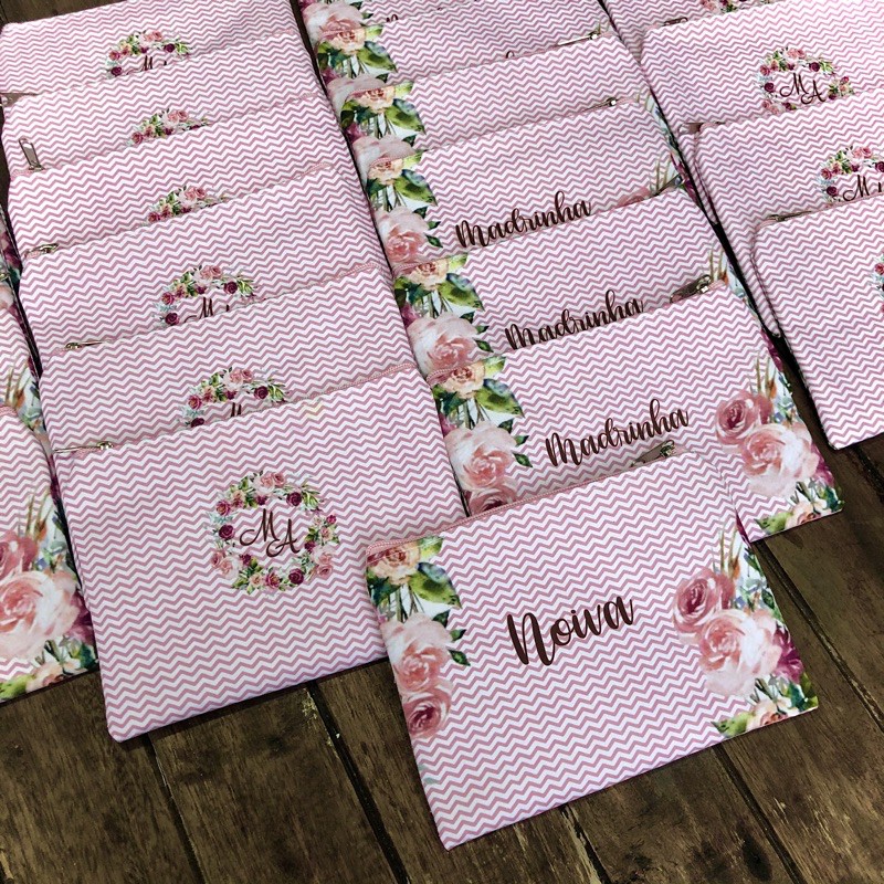 Necessaire Personalizada Chevron Rosa ou Verde Floral Madrinhas de Casamento