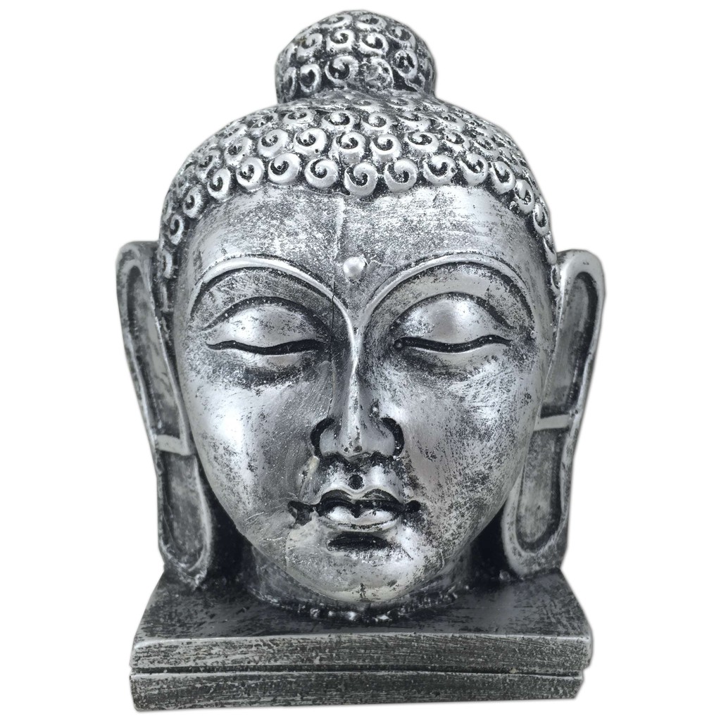 Imagem Imagem Estatua Cabeça Buda Hindu Decoração Zen Mini Totem Decorativo Artesanal Pintura em Pátina Prateada