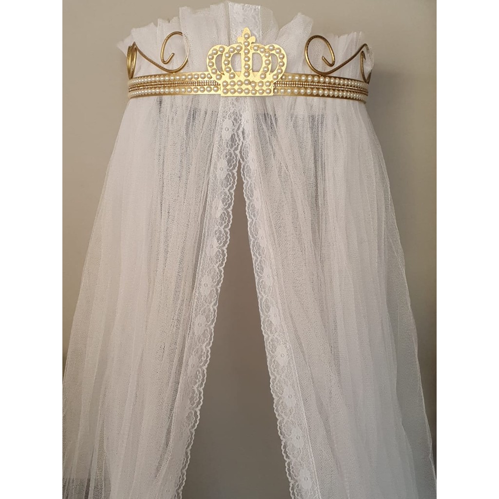 Dossél de Parede quarto bebe Menina Perolas e Stras Coroa Princesa e Véu Filó Renda