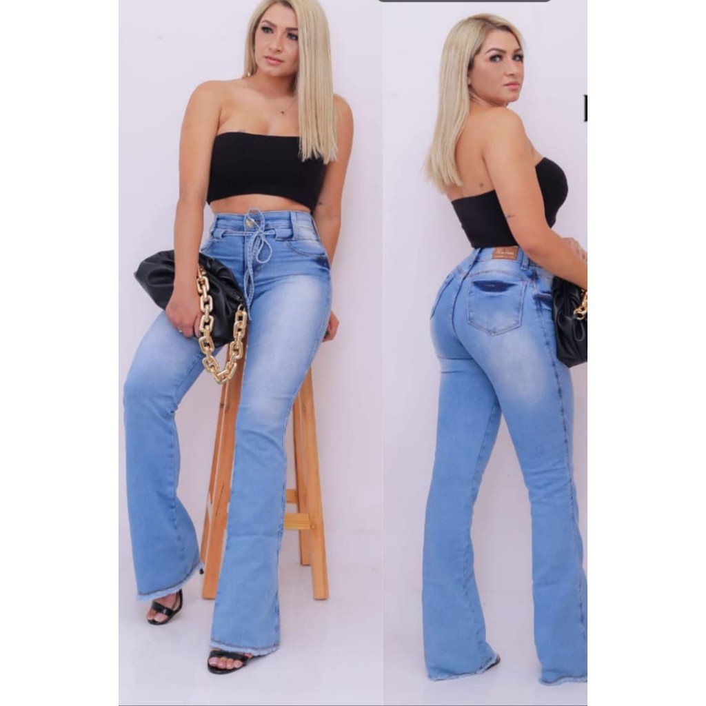 arithmetic Criticism contact Calça jeans feminina levanta bumbum flare boca de sino boca larga com lycra  cós alto cintura alta | Shopee Brasil