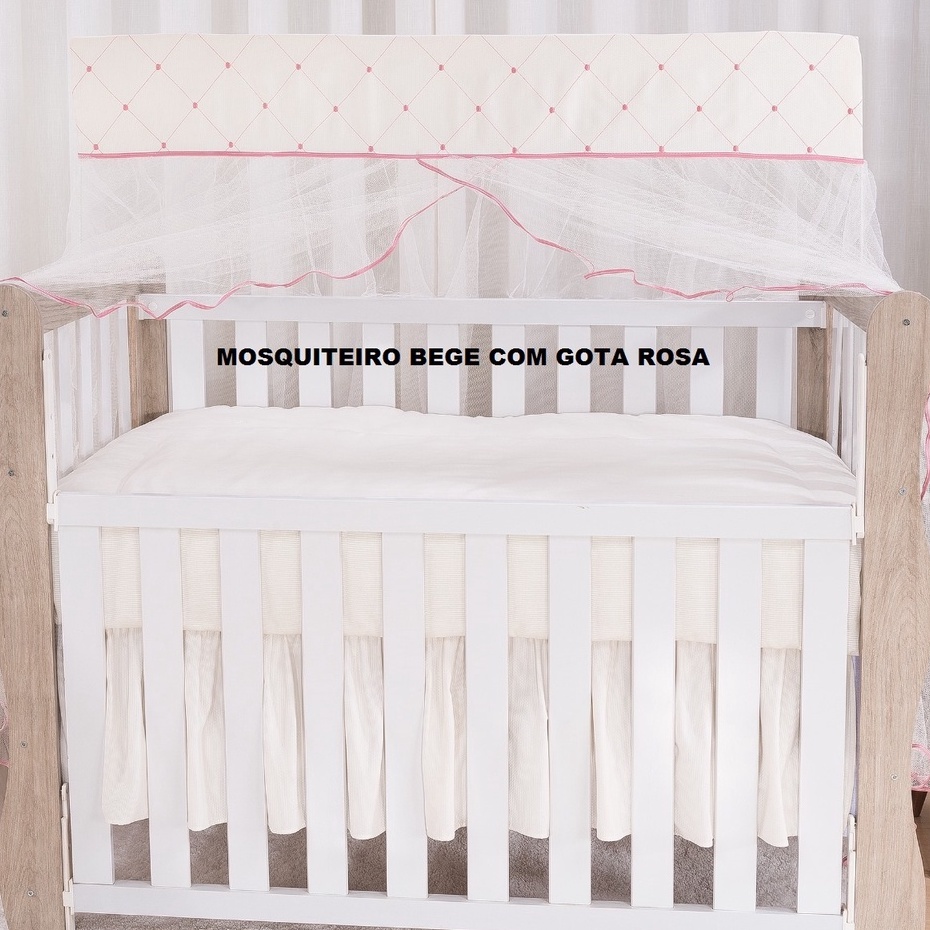 MOSQUITEIRO AVULSO PARA BERÇO AMERICANO BEGE BORDADO GOTAS ROSA