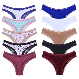 Kit 10 Calcinhas Tanga com Rendinha Algodão Lisa Estampada Feminina Original Dorbe Calcinha Feminino Tanguinha Cotton com Renda Forro Algodão Qualidade
