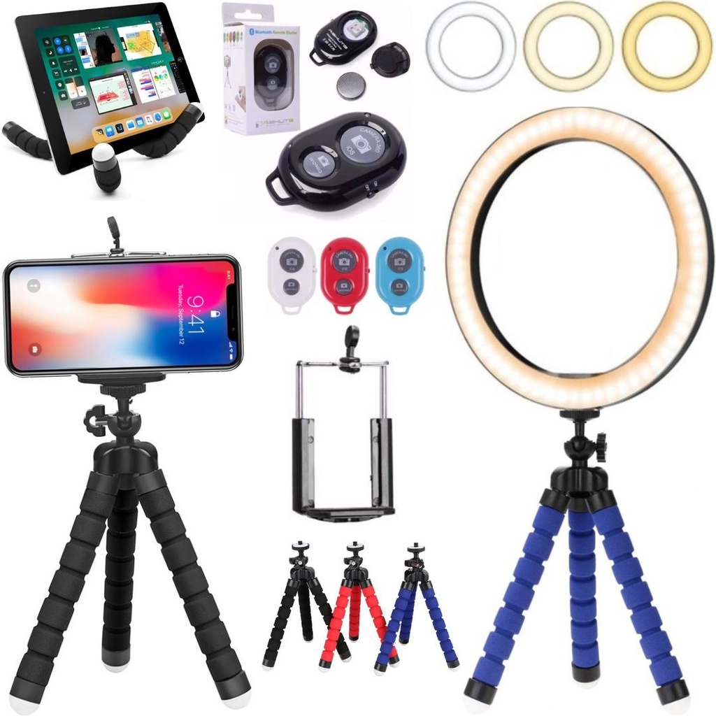 Kit blogueira ring light luz led mini tripé flexível suporte para celular controle câmera foto vídeo