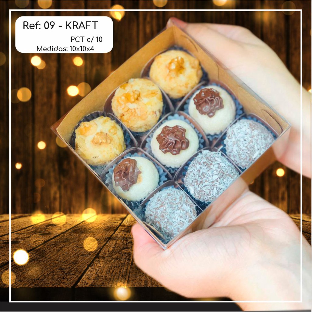10~50 Caixas Embalagem 9 Doces Com Visor em Acetato KRAFT 10x10x4 - Ref. 09 ( Chocobraz ) em Oferta na Shopee
