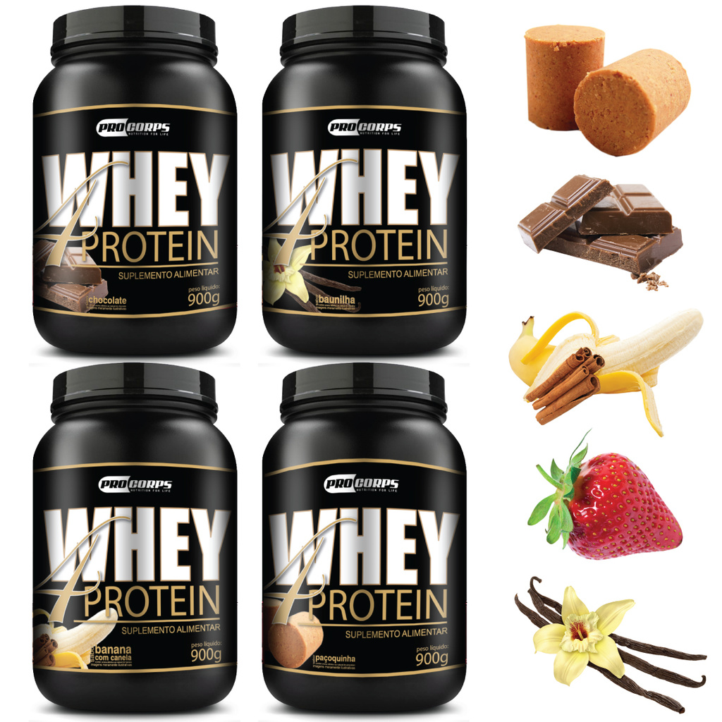 4 unidades Whey Proten 900g 32g proteina dose Fitness Suplemento Academia