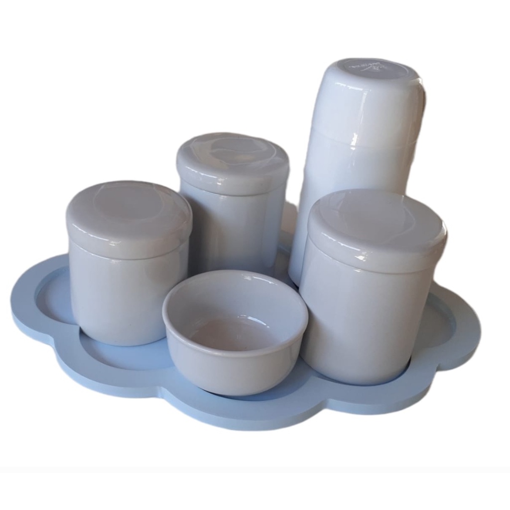 Kit Higiene Bebê Porcelana Branca Potes Garrafinha Bandeja Nuvem azul maternidade menina menino porta algodão cotonete