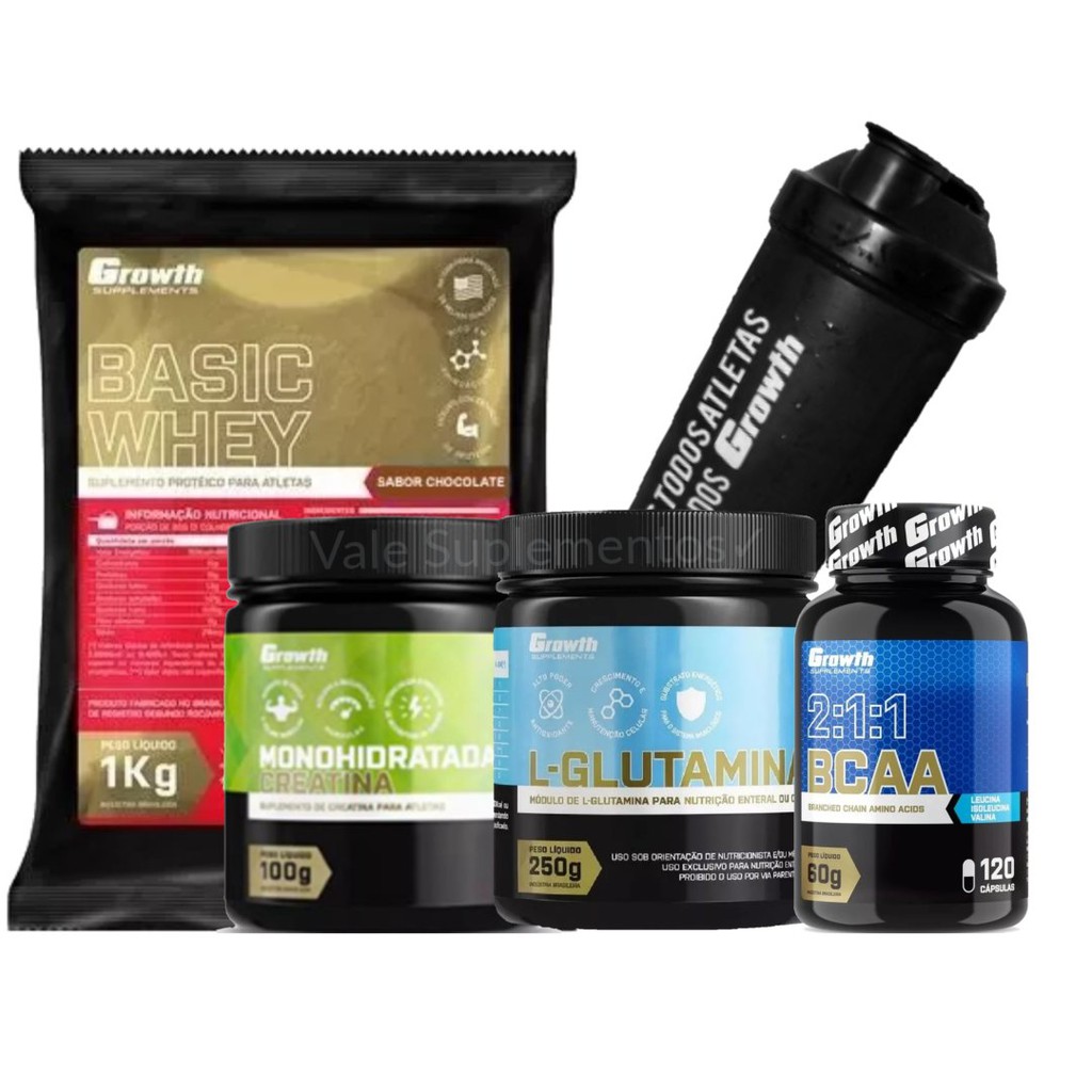 Kit Growth Whey + Bcaa + Creatina + Glutamina + Copo