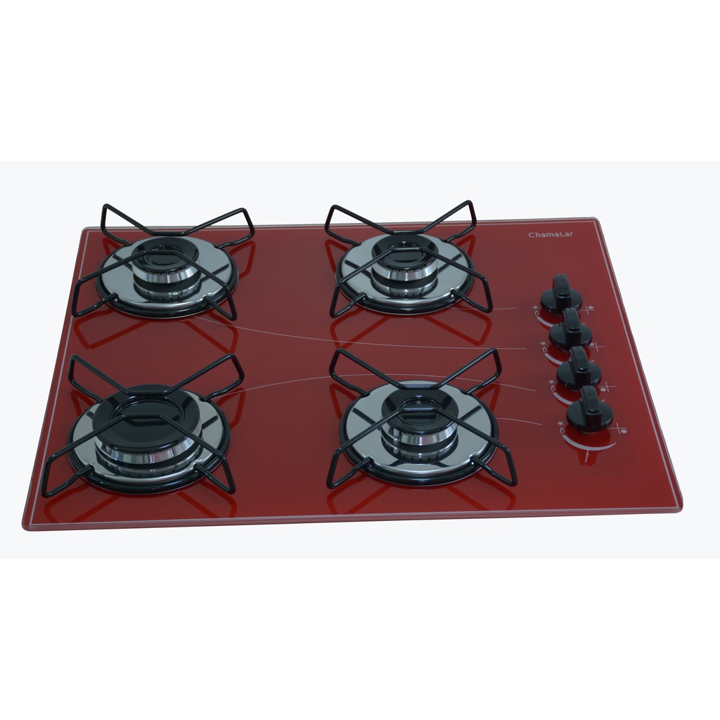 Fogão de Mesa Cooktop À Gás 4 Bocas VERMELHO Chamalar Ultra Chama Vidro Bivolt