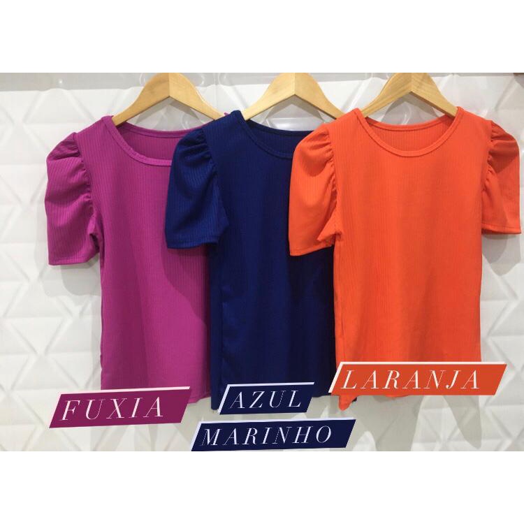 Blusa feminina manga bufante princesa curta malha canelada com elastano fashion moda estilo