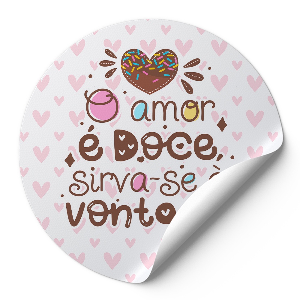 Tag Etiquetas Adesivos Para Embalagens Redonda Confeitaria O Amor É Doce Sirva-Se À Vontade Branco Corações Rosa AD00668