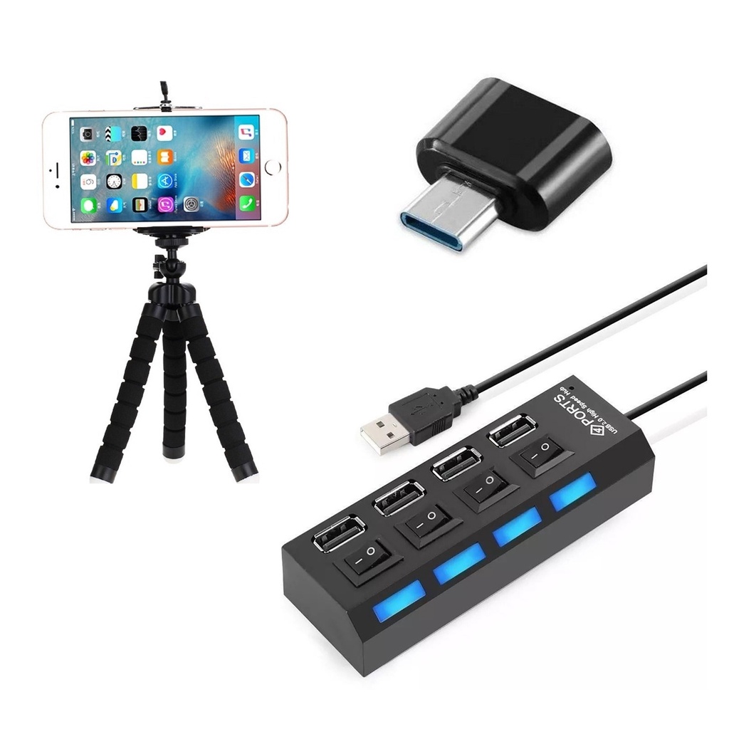 Kit Mobile Hub 4 Portas Usb + Adaptador Otg Tipo C + Suporte Tripé Flexivel Selfie