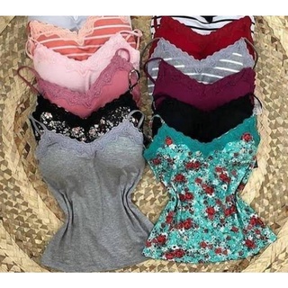 kit 5 blusa feminina regata alça com bojo lisa e estampada detalhe renda basica