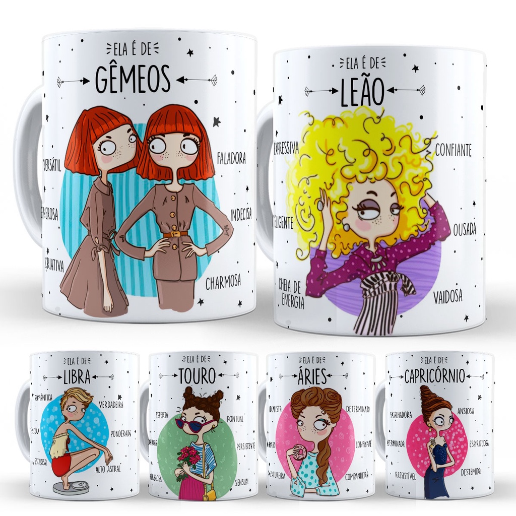 Imagem Caneca Personalizada Porcelana Signos Signo Virgem Leão Libra Touro Aquário Peixes Aries Escorpião Gêmeos Sagitário Capricórnio Cancer