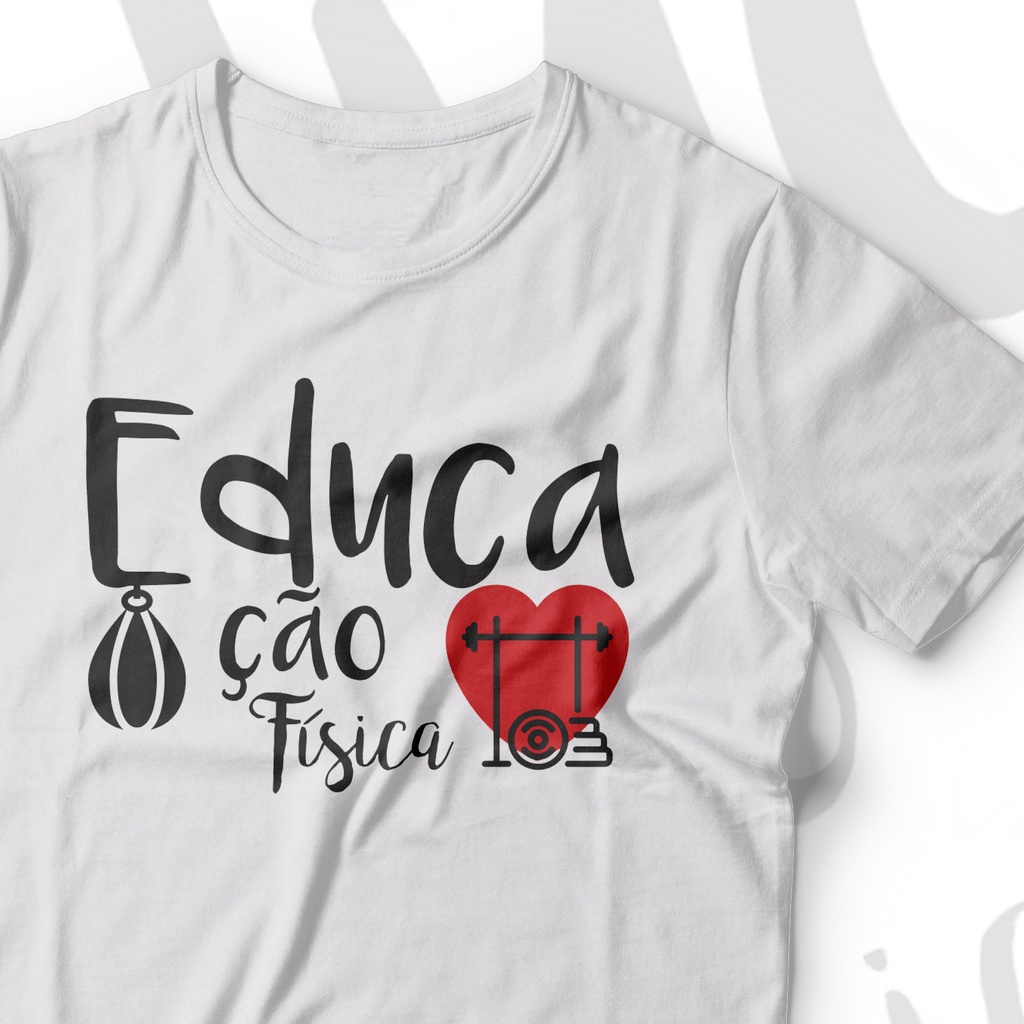 Camisa T-shirt Educação Física Sublimada Branca Símbolo em Malha PP Antipiling Faculdade de Ed. Física