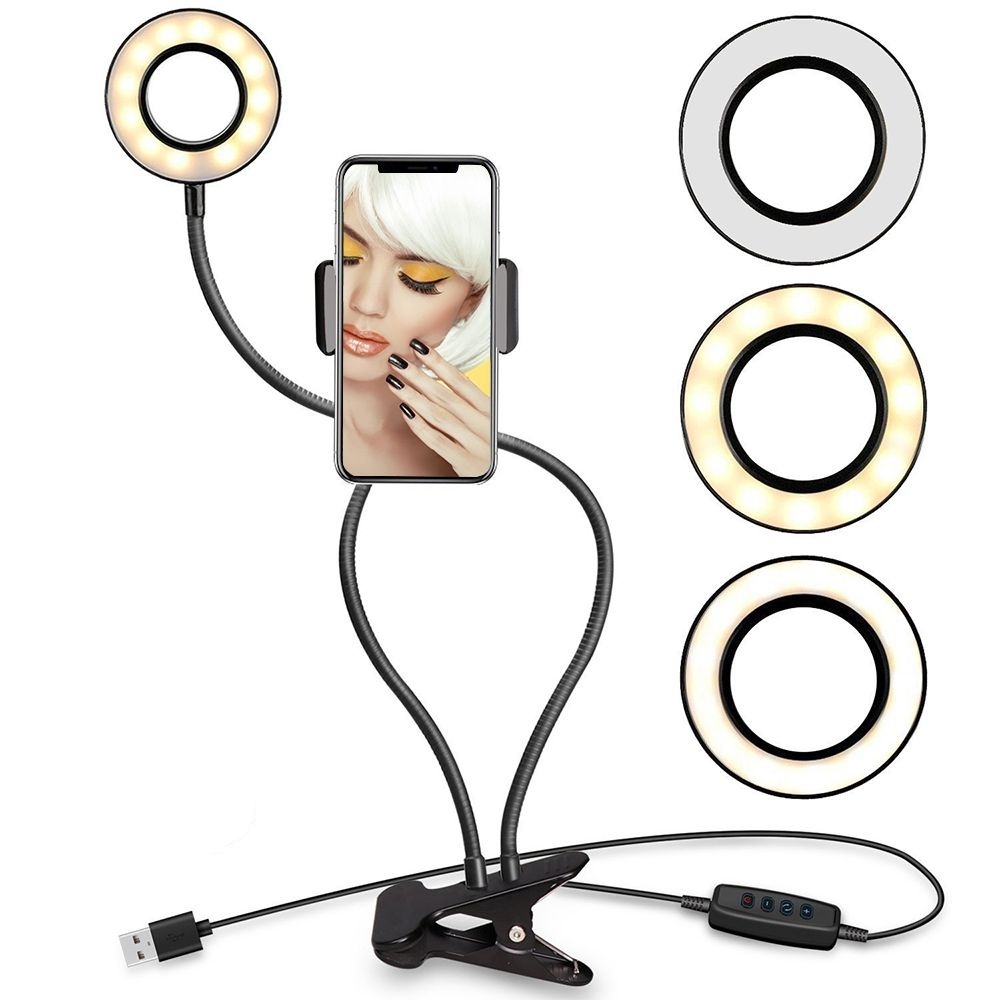 Iluminador Ring Light Anel Garra Luz Portátil Suporte Articulado para Maquiagem Celular Foto Video