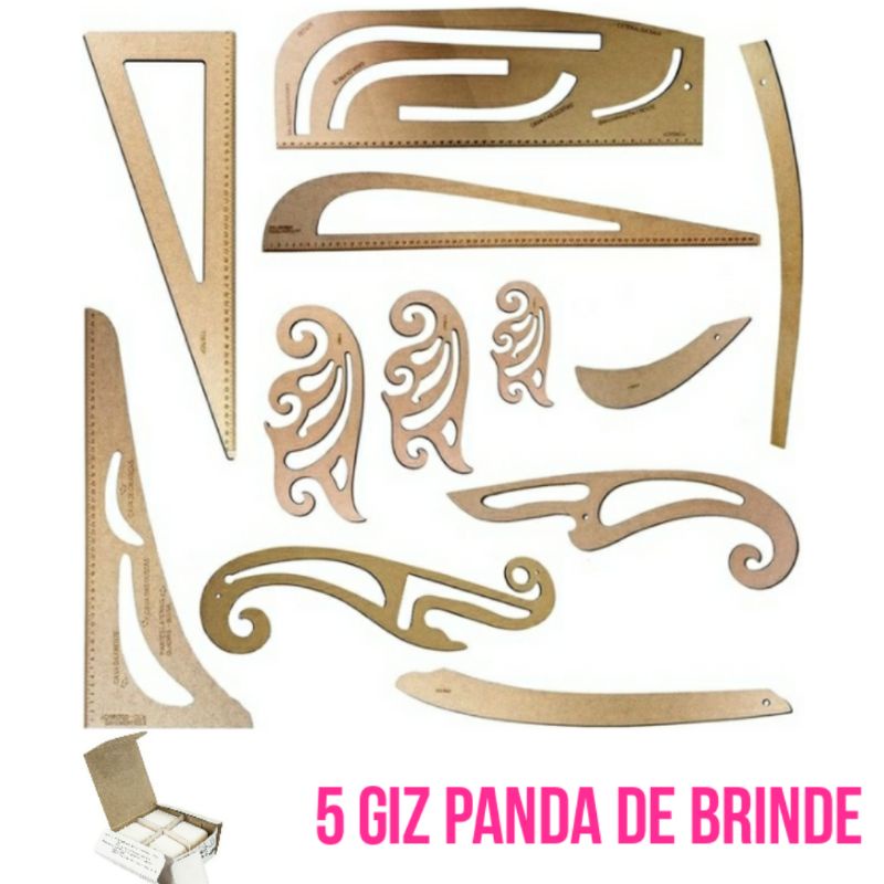 Jogo Réguas Corte Costura Francesa Decotes Alfaiate 12 peças  05 giz panda preço de atacado. pachwork br