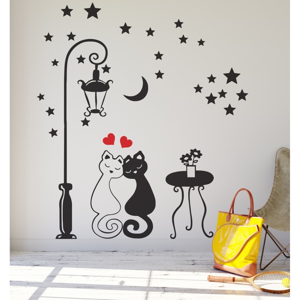 Adesivo Decorativo De Parede Vinilico Casal De Gatinhos Corações Love Estrelas em Oferta na Shopee