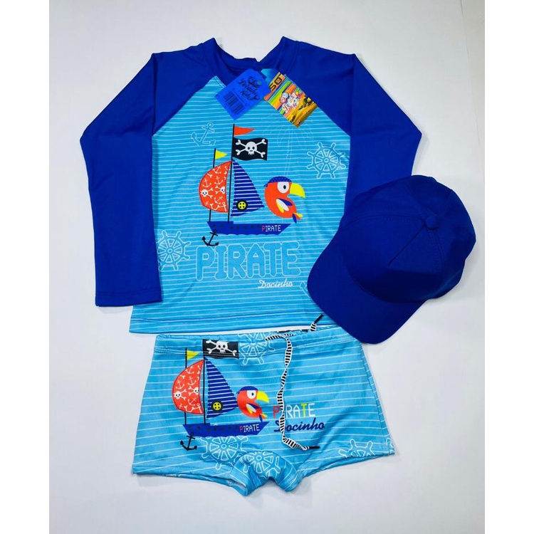 Kit Sunga Infantil + Blusa com Proteção Solar Bebê e Infantil UV50 + Boné Blusa Manga Longa Proteção Solar Infantil