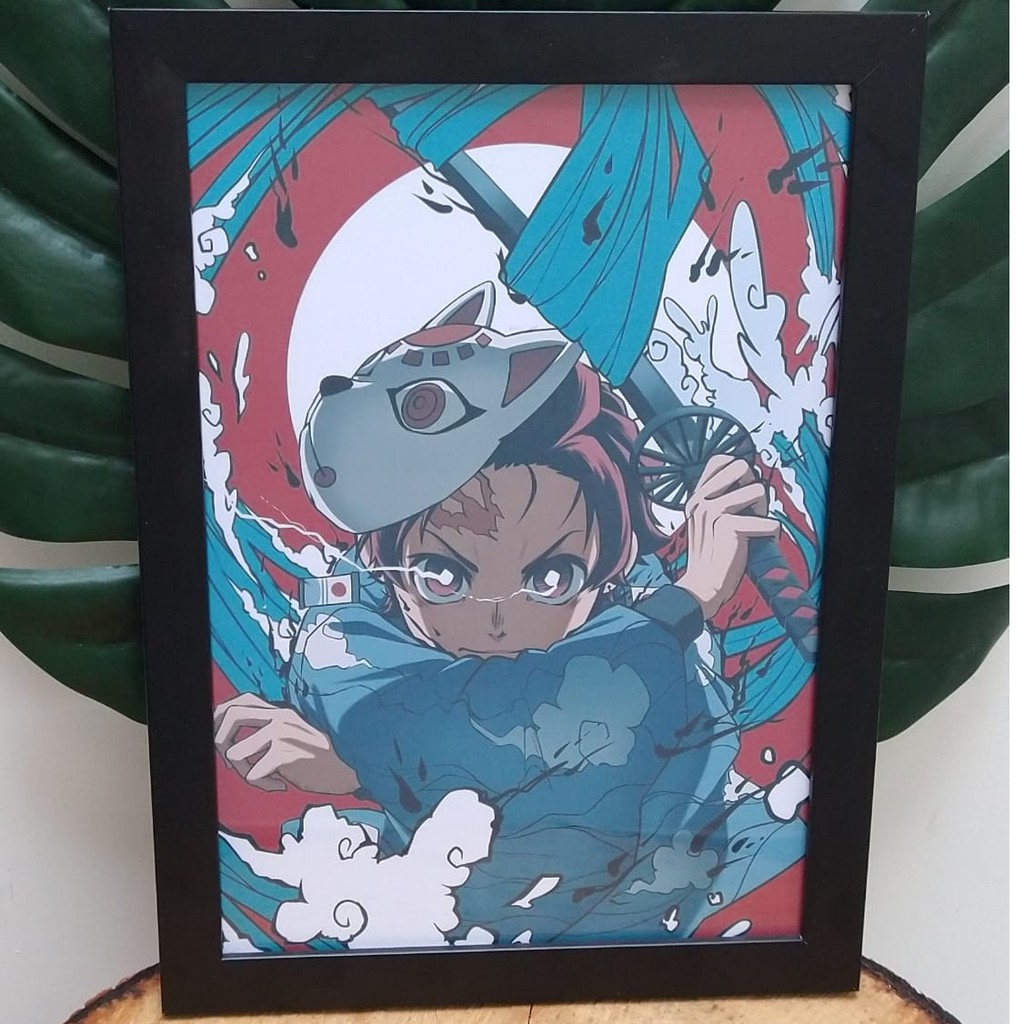 Quadros decorativos com moldura e vidro anime Demon Slayer Kimetsu no Yaiba Tanjiro pôster geek nerd