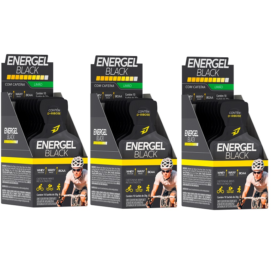 Kit 3 Gel Energel Black 10 Sachês  Bodyaction Carb Up Sabor Limao Bcaa Waxy Maize Whey protein