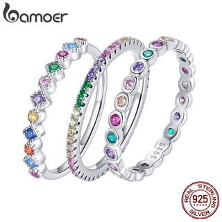 Bamoer Authentic Prata 925 Rainbow Zircon Empilhável Banda Anel De Dedo Jóias Para As Mulheres & Meninas Fit Presentes Scr714