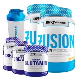 Kit 2x Whey Protein Fusion Protein 900g + 2x Premium Creatina 100g + Premium Glutamina 250g + Coqueteleira - BRN Foods