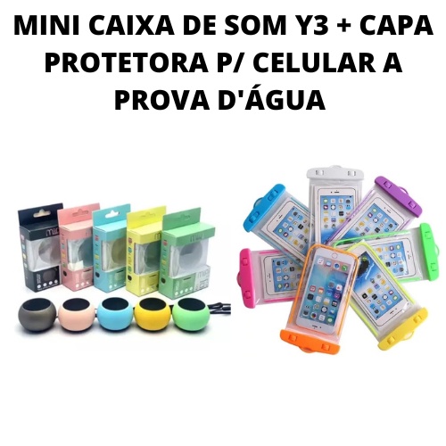 KIT CAIXA DE SOM MINI Y3 + CAPINHA PROTETORA PARA CELULAR A PROVA D’ÁGUA