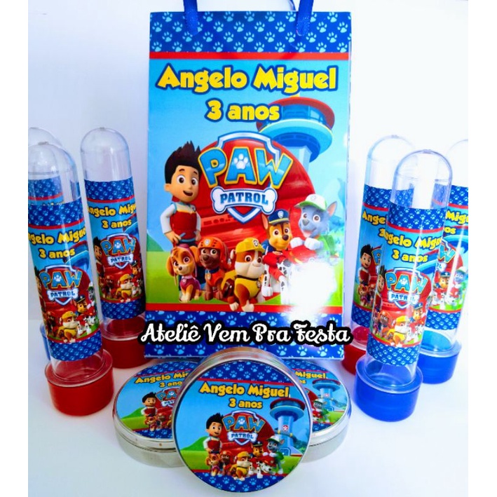 Kit Festa 60 itens Lembrancinhas Personalizadas (10 sacolinhas, 10 latinhas, 10 tubetes, 15 Toppers para docinhos 15 Forminhas)