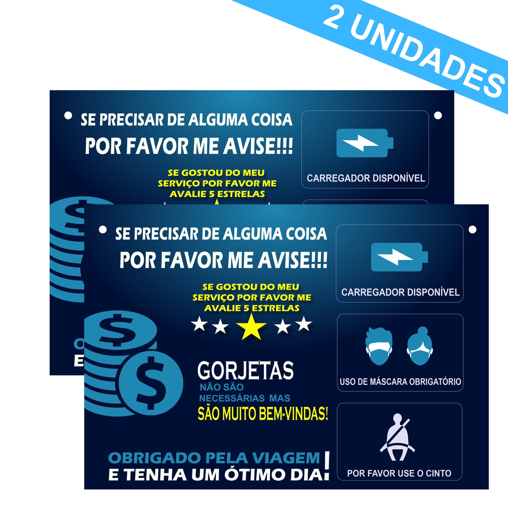 Kit 2 Plaquinhas Informativas para Motorista de aplicativo Uber 99 Taxi + Adesivo Brinde (Azul)