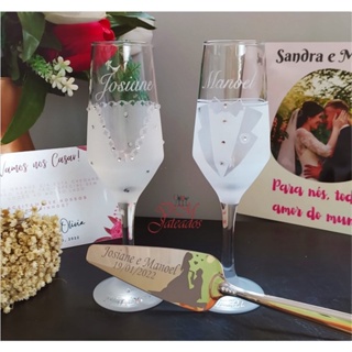 Kit Par De Taças E Espátula Personalizadas Casamento Noivado em Oferta na Shopee