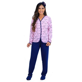 Conjunto Roupa De Dormir Estampado Calca De Frio E Blusa Manga Longo Com Botao em Oferta na Shopee