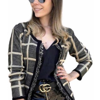 Cardigan Kimono Casaquino Sueter Tricot Xadrez Roupas Femininas