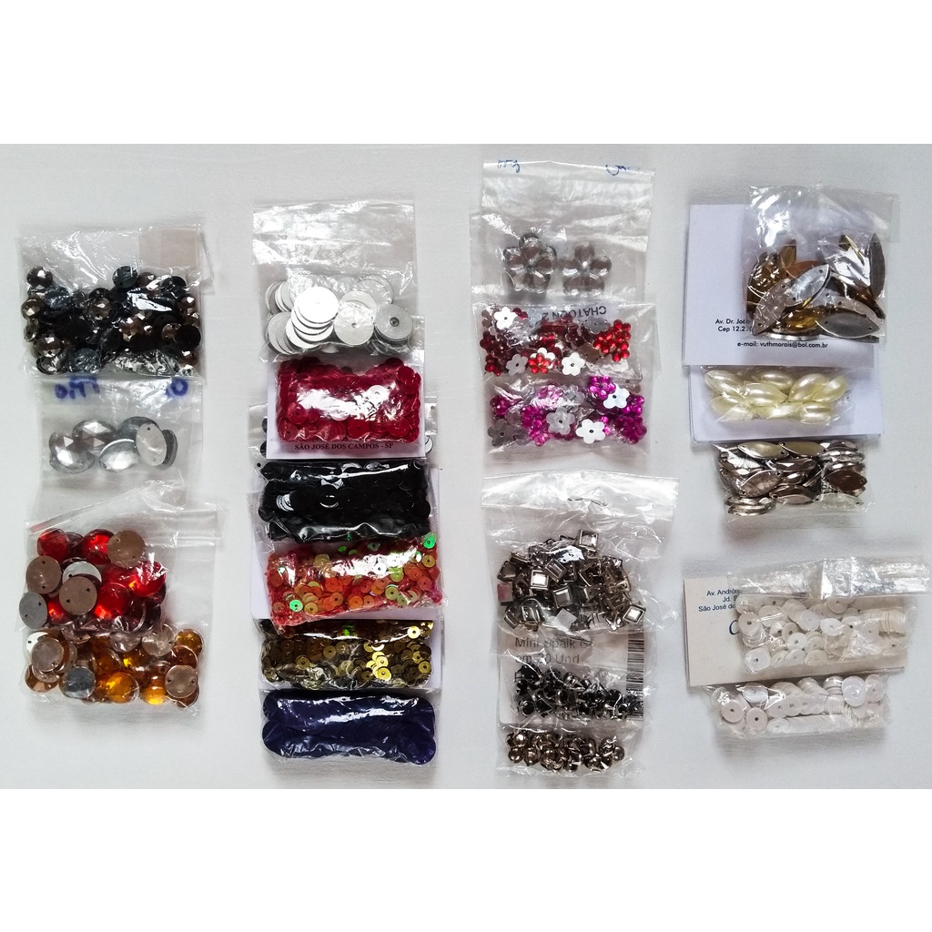Kit com Lantejoulas, chatons, Spaik e Navetes com furos para costura, bordados, artesanato
