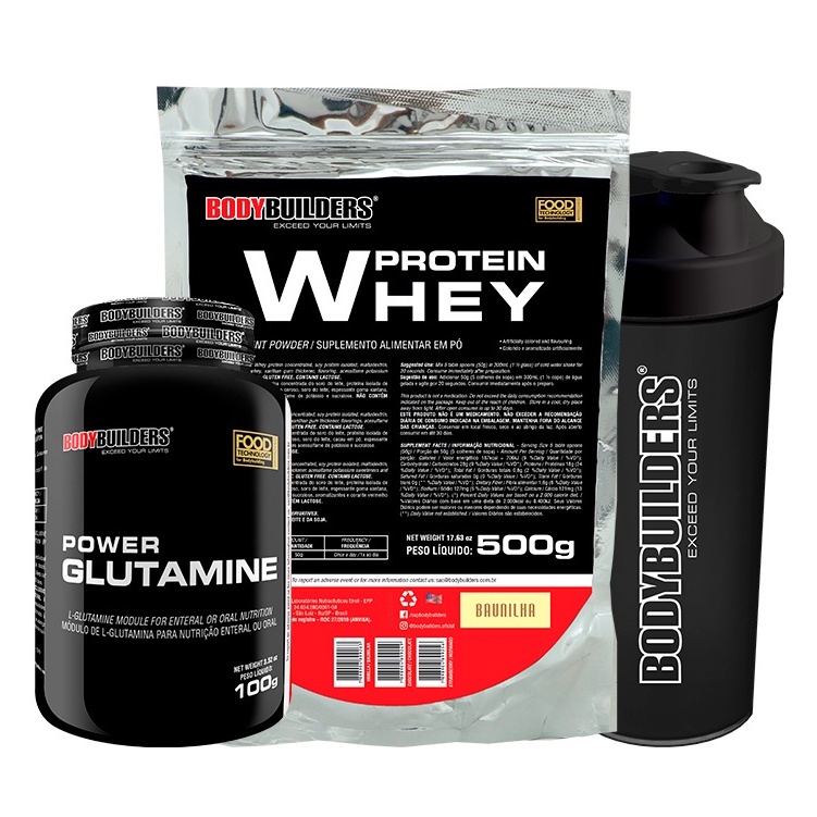 Kit Whey Protein Concentrado em Blend de Proteínas 500g + Power Glutamina 100g + Coqueteleira - BodyBuilders