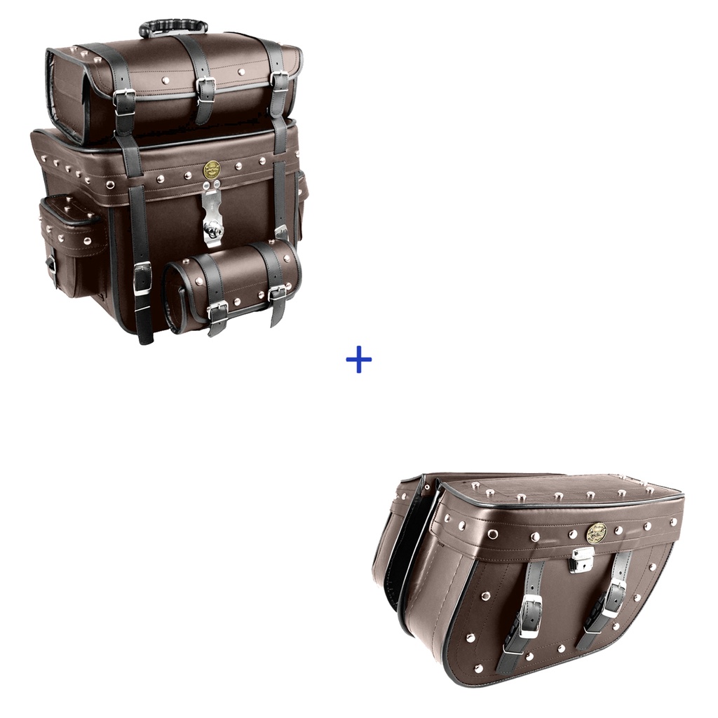 Kit Viagem Alforge Traseiro 62 Litros C/ Fechadura Tranca em Couro Sintético Marrom C/ Cravos + Alforge Lateral Losango 32 Litros C/ Chave Tranca em Couro Sintético Marrom C/ Cravos