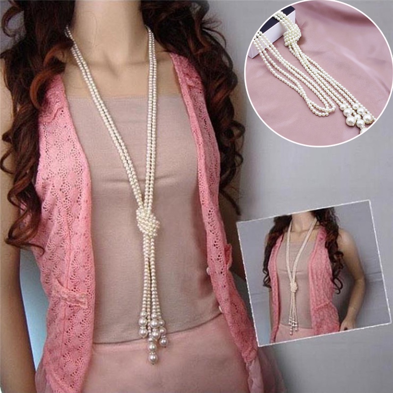 Colar Com Nó Em Camadas De Pérola , Corrente Longa De Suéter Para Mulheres , Gargantilha Delicada Vários Fios , Joia De