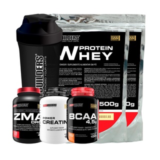 Kit 2x Whey Protein Concentrado em Blend Proteico 500g + Power Creatina 100g + BCAA 4,5 100g + ZMA Drol 120 Cápsulas + Coqueteleira - Aumento de Massa Muscular - Bodybuilders