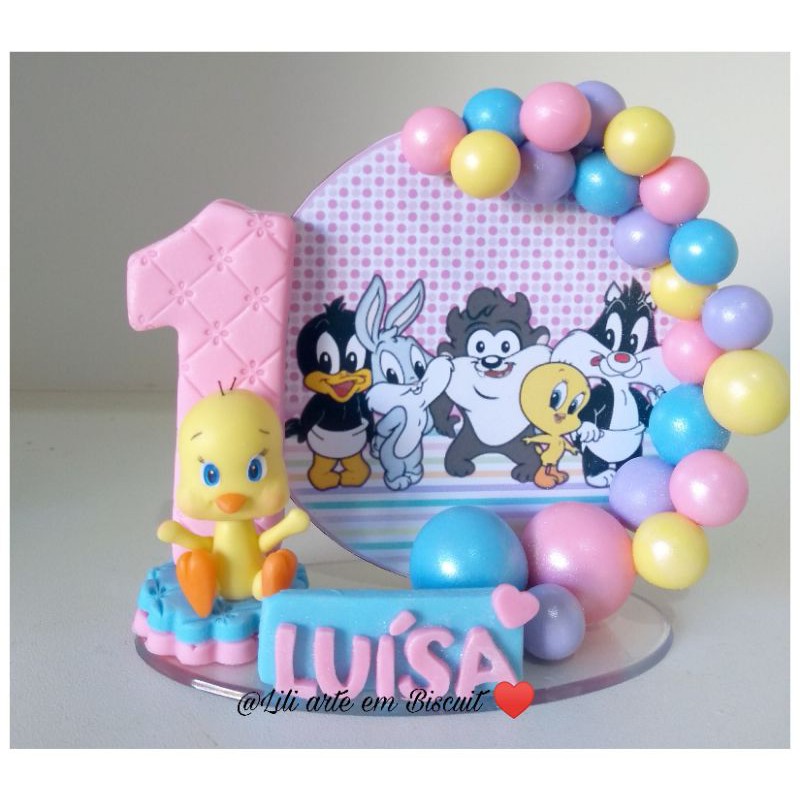 Topo De Bolo Looney Tunes Biscuit Vela Personalizada Biscuit Mini Table Taz Mania Piu Piu