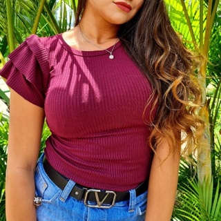 Blusa Feminina Canelado Manga 3babados Blogueira Tendencia Moda!!