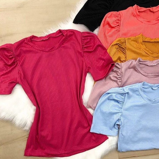 Blusa feminina malha canelada com elastano manga curta princesa gola redonda