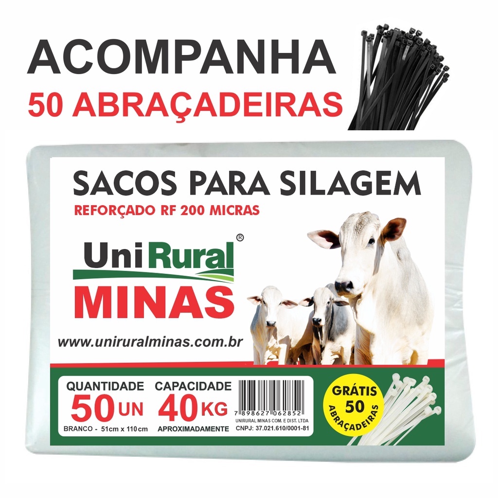 Sacos para Silagem 51x110cm 50 un. Branco 200 Micras Reforçado + 50 Abc. Nylon