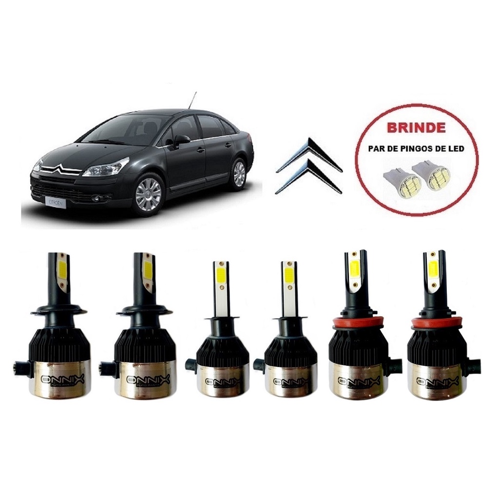 Kit 6 Lampadas Super Led para Farol Alto / Baixo e Milha com 6000k para Citroen C4 Hatch ou Pallas