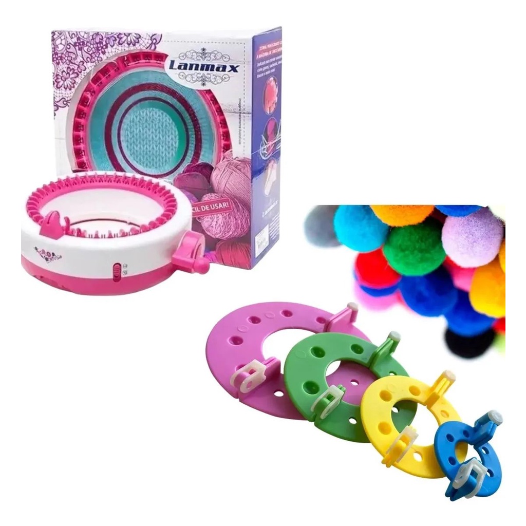 Maquina Tear Fazer Tricô Gorro Lã Manual com 3 Linhas e Kit Pompom 4 tamanhos