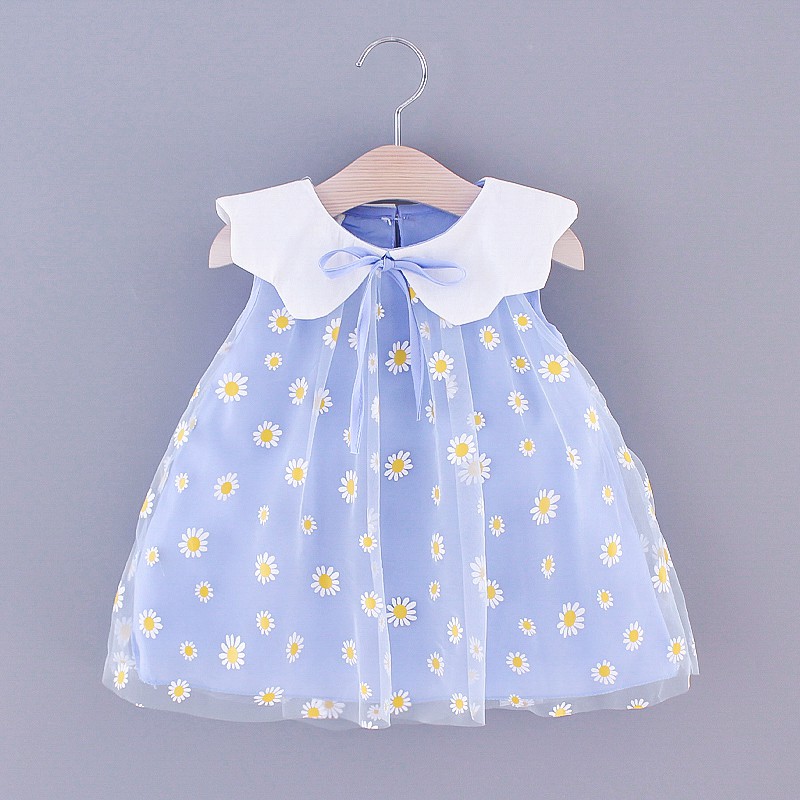 Girl Summer Dress Flower Embroidered Daisy Lapel Net Yarn Skirt  For Kids em Oferta na Shopee