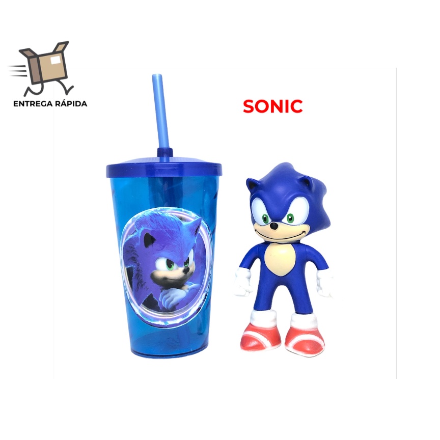Kit Boneco Sonic + Copo Acrílico com Canudo e Tampa em Oferta na Shopee